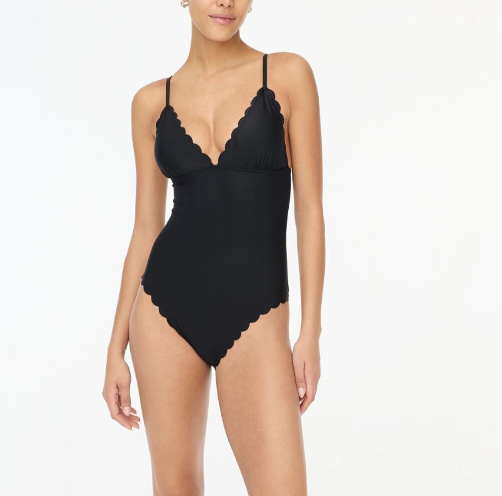 J.Crew Scalloped One-Piece Swimsuit WMNS S Black Adjustable Straps Stretch Lined
